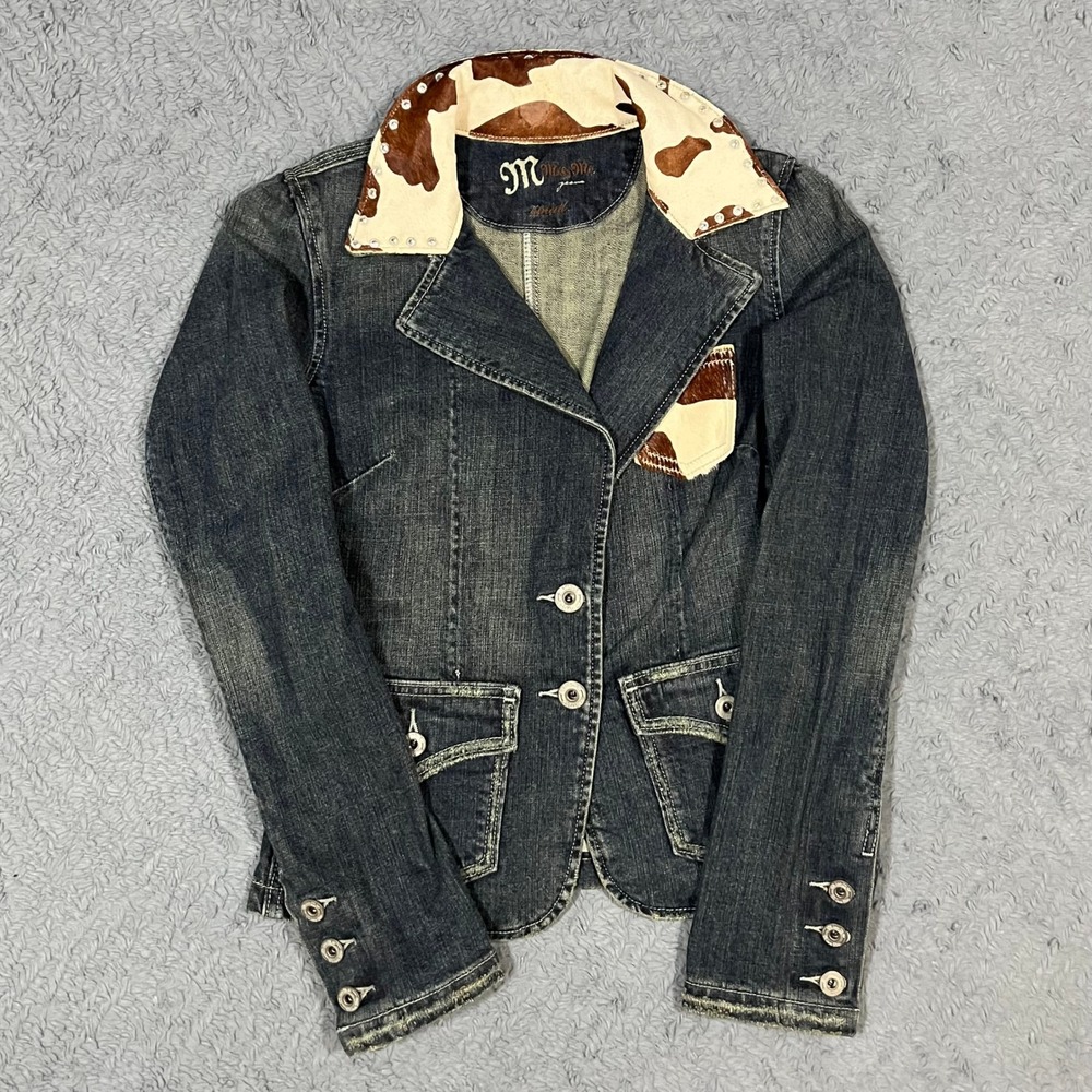 Miss Me Y2k Cowhide Denim Jacket Womens S Blue Cropped Jean Westernwear Trucker